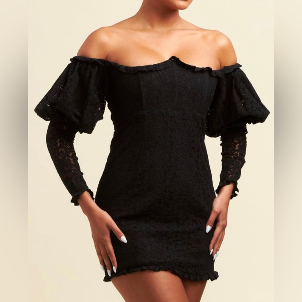 Black Lace Polka Dot Puff Sleeve Mini Dress